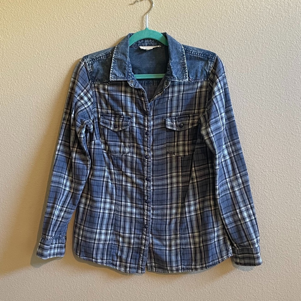 🩷Lovestitch Denim and Blue Plaid, Long Sleeve, Collared, Button Down Shirt, MED